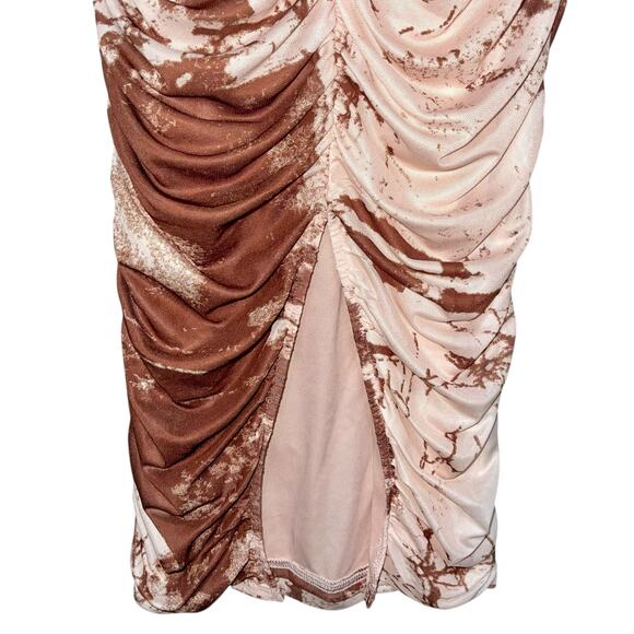 Sheer Ruched Midi Dress Mesh Mock Neck Abstract - Picture 7 of 9